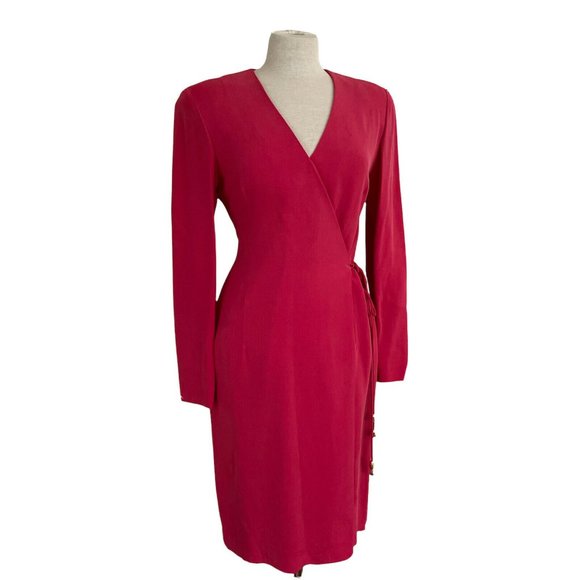 Dana Buchman Coral Pink Silk Wrap Dress Women's Sz 8 Long Sleeve Gold Beaded Tie - Picture 6 of 10